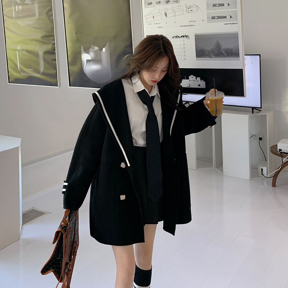 秋冬新款学院风海军领毛呢大衣8081P160K238,女装毛呢外套,2C060