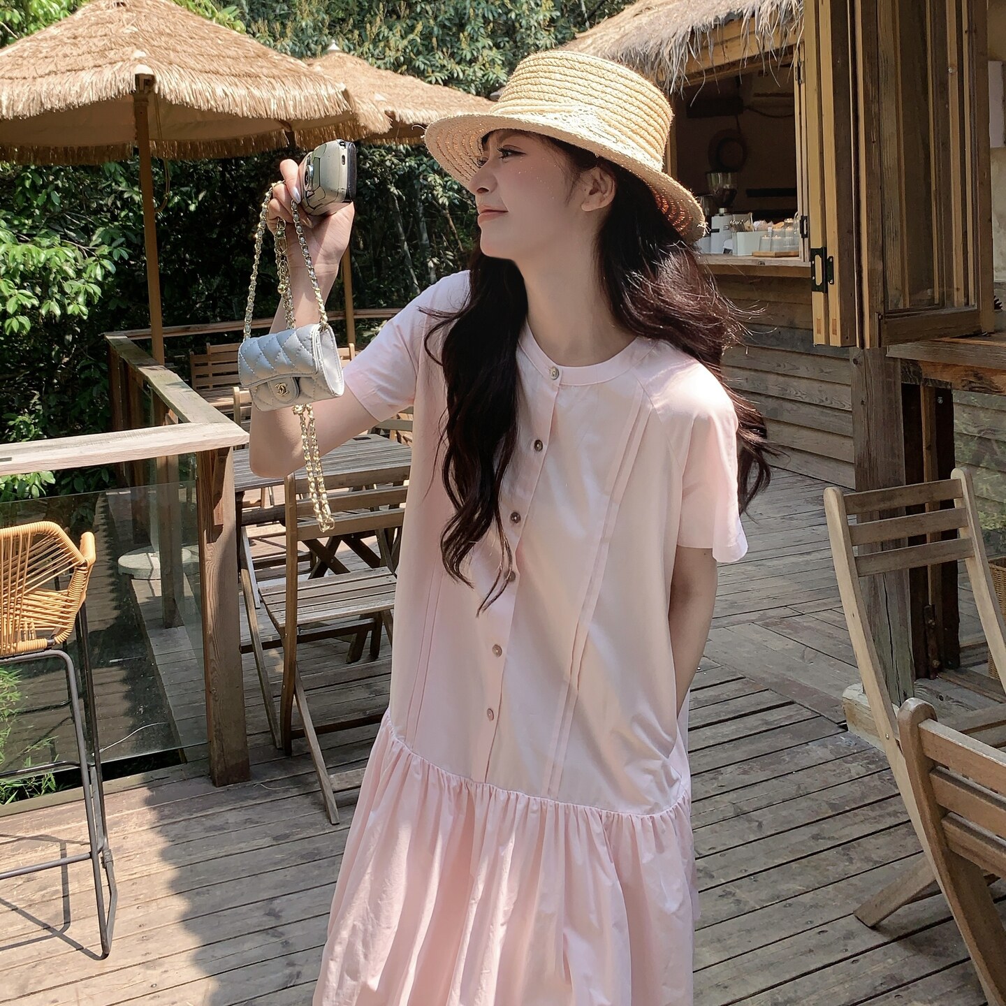新品！日系大码显瘦粉色花苞连衣裙8333P145K198大貨主推,女装连衣裙,2C060