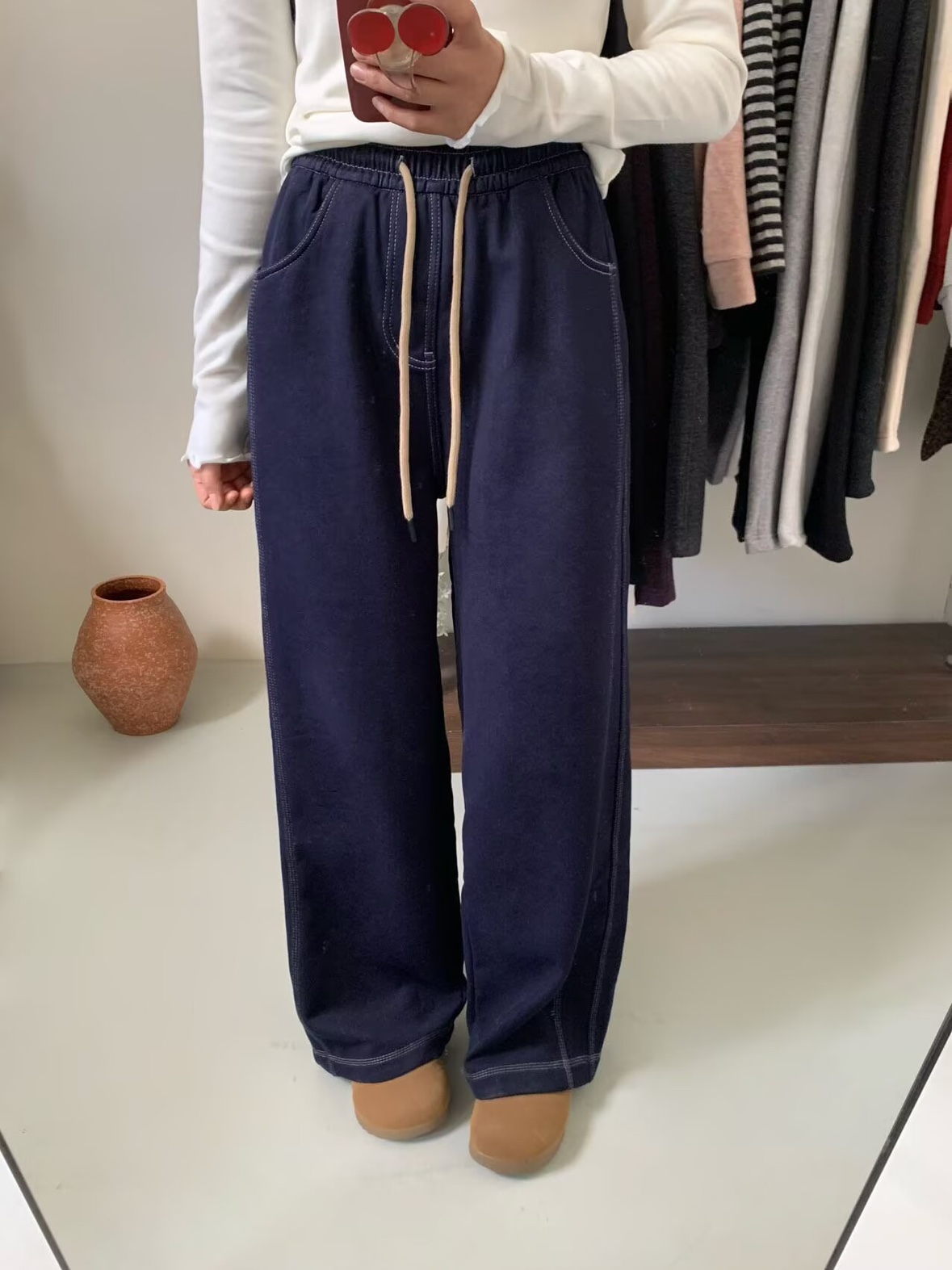 Golly 直筒裤女松紧抽绳阔腿牛仔裤冬加绒洋气宽松休闲长裤