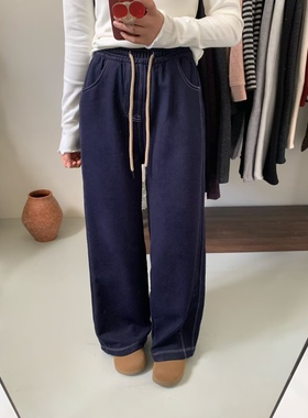 Golly 直筒裤女松紧抽绳阔腿牛仔裤冬加绒洋气宽松休闲长裤