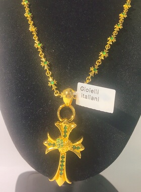 向卉意大利中古925银十字架祖母绿项链