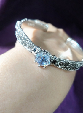 向卉意大利中古925银中间镶嵌大克拉钻石环雕刻卷尾草公主款手镯