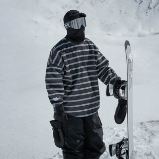 雪否滑雪卫衣男女黑条纹单板滑雪服双板宽松加绒保暖双板滑雪上衣