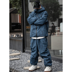 雪否滑雪服套装男女牛仔色滑雪套装男加绒单板双板雪服雪裤女蓝色