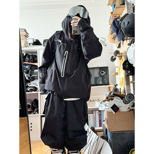 雪否 3L全压胶防水耐磨滑雪外套oversize单板滑雪服 黑色eptfe款