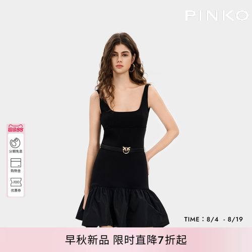 PINKO女士2026年夏季新款黑色方领无袖收腰连衣裙PEAF26170611