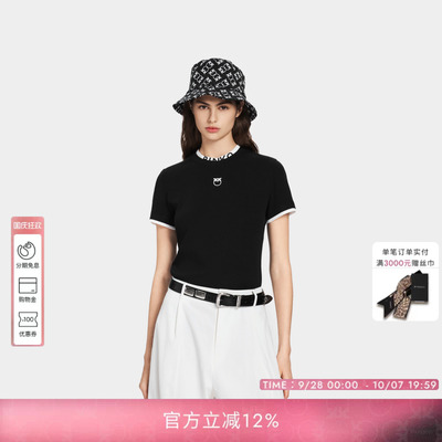 PINKO女士2026年春夏新款撞色LOGO领黑色针织短款T恤PAF26121802