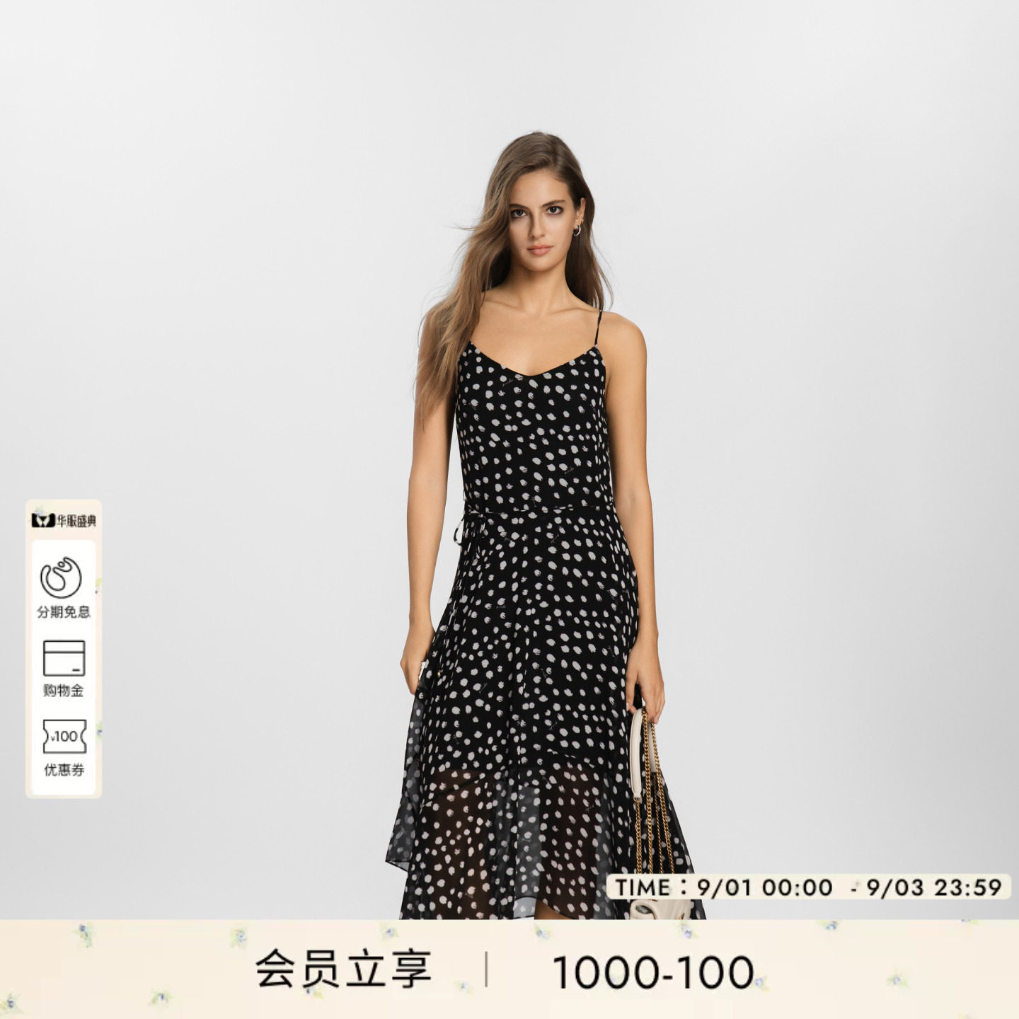 PINKO女士2026年夏季新款黑色波点吊带V领收腰连衣裙PEAF26170917图片