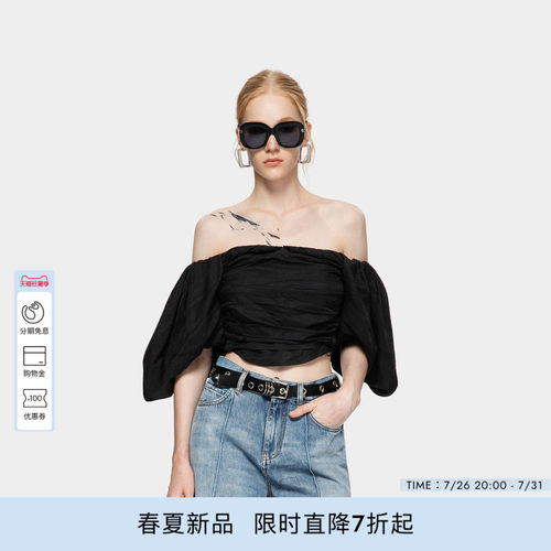 PINKO女士2026年春夏新款一字肩褶皱泡泡袖柔软短上衣PAF26125322