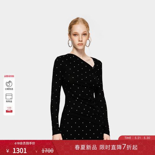 PINKO女士2026年春季新款烫钻解构领黑色长袖上衣PAF26125202