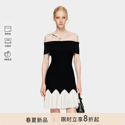 PINKO女士2026年春季新款一字肩波浪边紧身A摆连衣裙PAF26123842