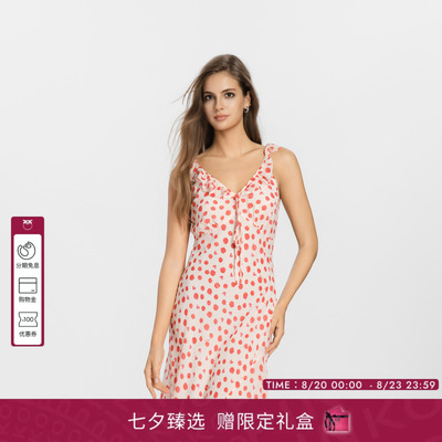 PINKO女士2026年夏季新款法式红白波点V领吊带连衣裙PEAF26170919