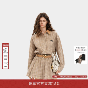 PINKO女士2026年秋季格纹撞色双层翻领连衣裙腰带收腰长袖衬衫裙