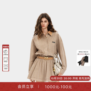 PINKO女士2026年秋季格纹撞色双层翻领连衣裙腰带收腰长袖衬衫裙