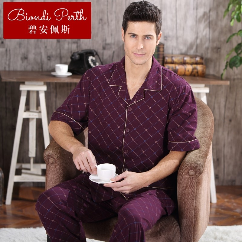 碧安佩斯男士睡衣夏季短袖长裤棉薄款格子夏天竹纤维家居服男装