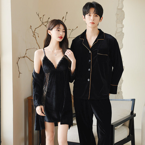 情侣家居服金丝绒黑色性感两件套