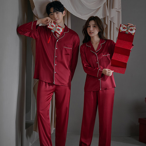 情侣睡衣薄款丝绸红色新婚家居服