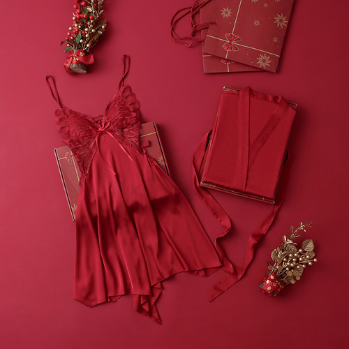 女士睡衣丝绸红色性感美背两件套
