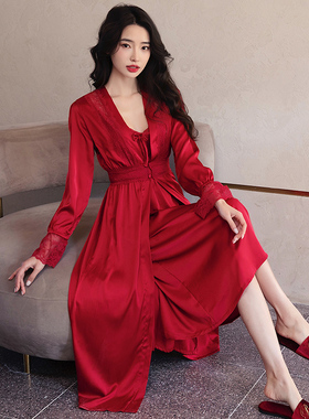 新娘伴娘团结婚睡衣冰丝婚礼高级感晨袍女红色长款睡袍两件套夏薄