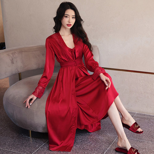 女士家居服冰丝红色新婚睡袍晨袍