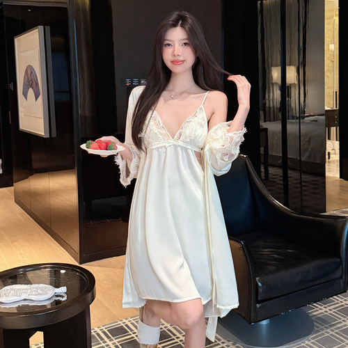 带胸垫睡裙晨袍两件套女冰丝绸吊带羽毛蕾丝v领性感睡衣免穿内衣