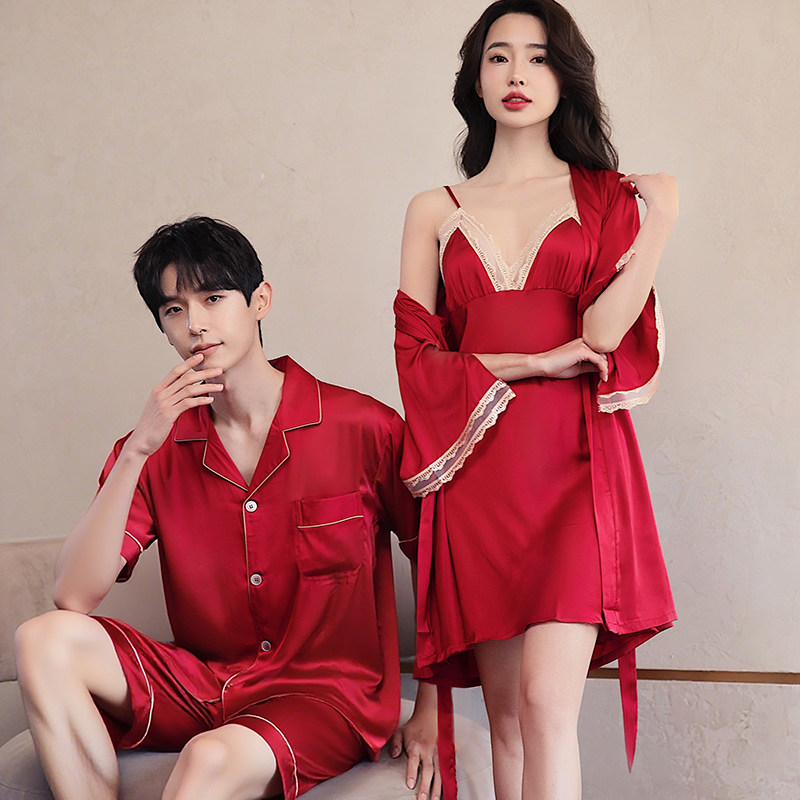 情侣睡衣结婚新婚红色高档新娘晨袍两件式套装男短袖短裤家居服冰