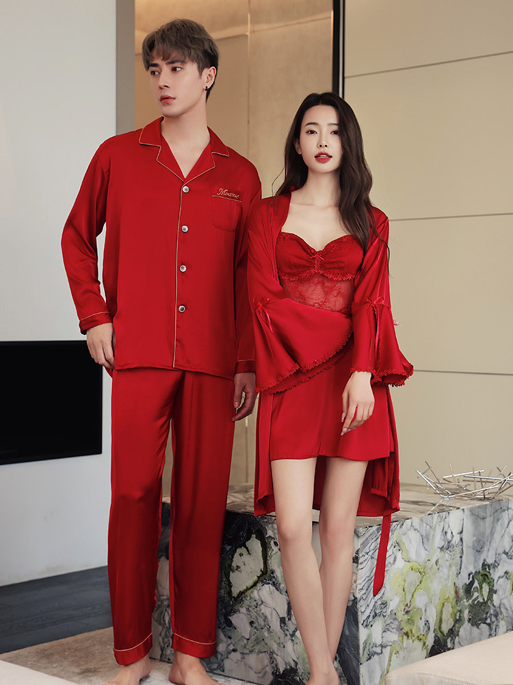 新款情侣睡衣女春秋长袖冰丝红色结婚新婚套装男士高级感新娘晨袍