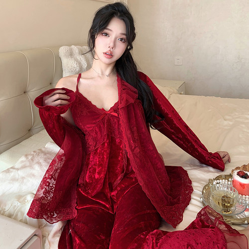 金钻绒三件套带胸垫睡衣女性感蕾丝家居服秋冬红色本命年套装喜庆