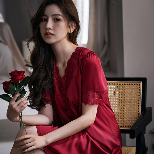 薄款冰丝夏季红色短袖裙蕾丝睡裙