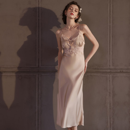 加长吊带女睡衣性感蕾丝花边长款睡裙带胸垫高级感法式长吊薄冰丝