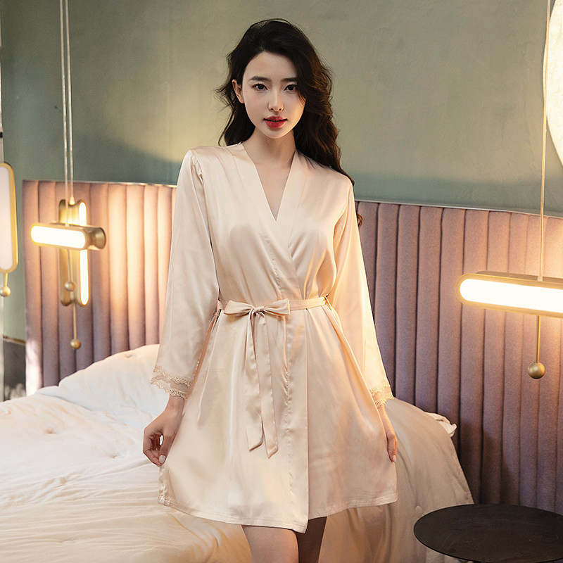 2026新款高级感睡袍女薄款新娘结婚晨袍化妆袍蕾丝长袖外披冰丝绸图片