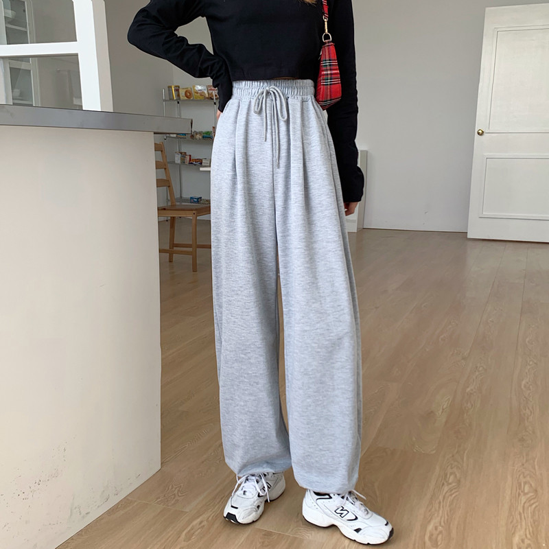 超火cec宽松灰色休闲裤女秋韩版高腰宽松显瘦直筒垂感运动长裤子