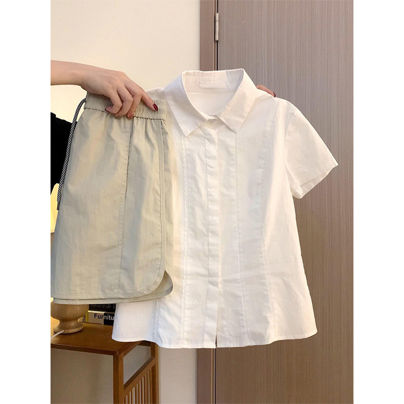 学院风白色polo领短袖衬衫女春夏