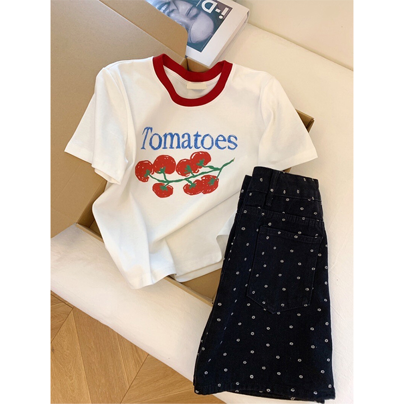 韩系复古撞色正肩短袖t恤女夏季