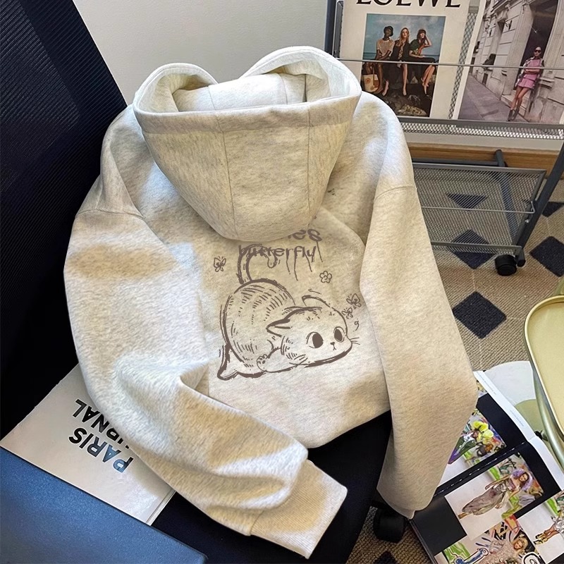 美式复古猫咪印花灰色连帽卫衣女