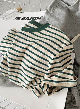 ins超火绿色条纹T恤女夏短袖复古显白宽松显瘦舒适圆领打底上衣服