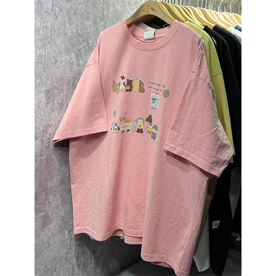 日系复古卡通印花粉色短袖t恤女