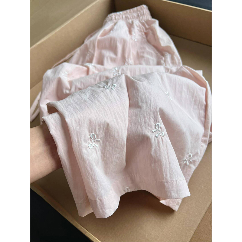粉色蝴蝶结刺绣裤子女夏季