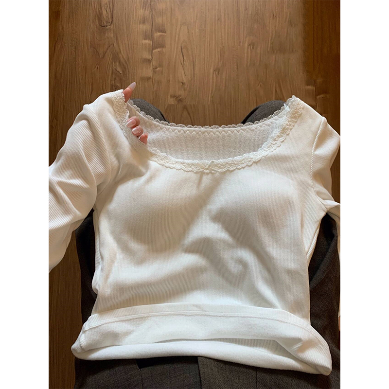 设计感小众蕾丝边德绒长袖T恤女