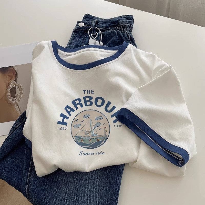 美式复古领口撞色短袖t恤女夏季