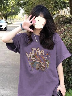 高级感紫色短袖 卡通印花体恤宽松chic港味上衣 2023新款 t恤女夏季