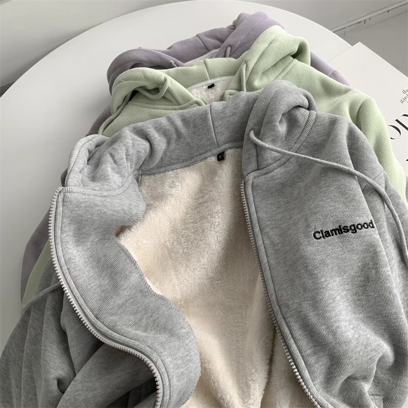 羊羔绒加厚连帽卫衣开衫外套