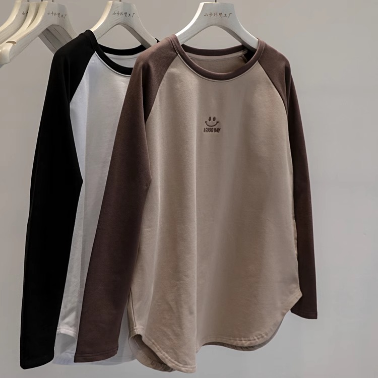 撞色插肩袖磨毛加绒T恤打底衫女
