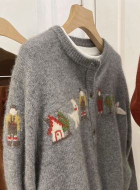 趣味卡通刺绣提花宽松古着毛衣开衫女2023秋款宽松显瘦羊毛针织衫