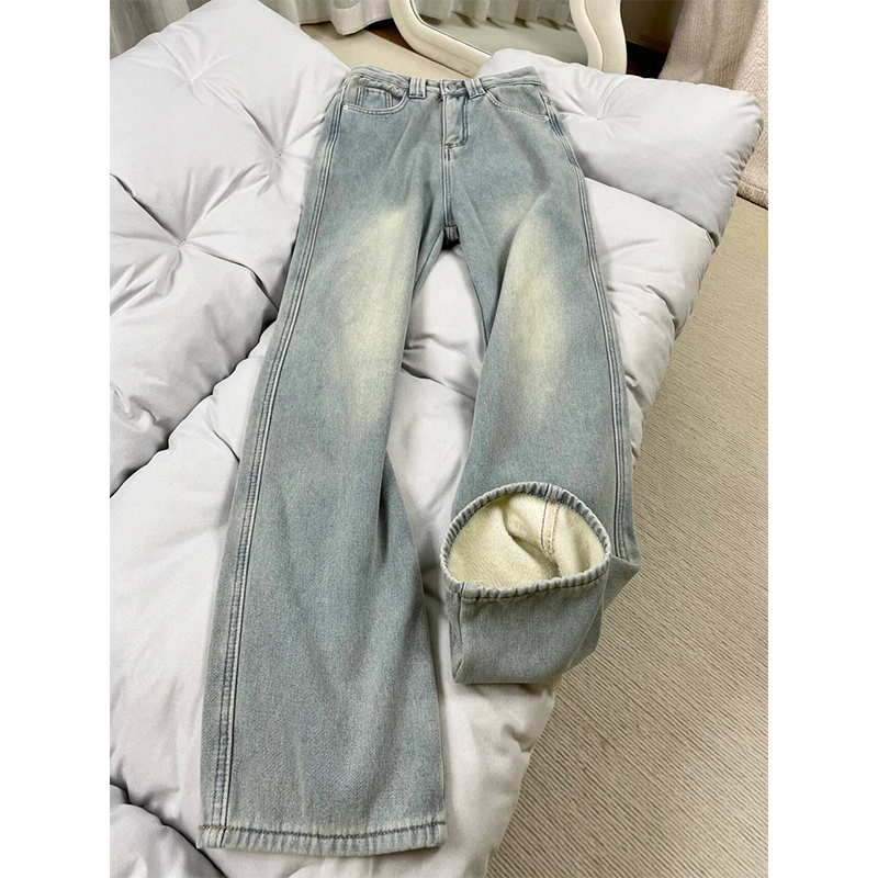 复古浅蓝色加绒加厚直筒牛仔裤女