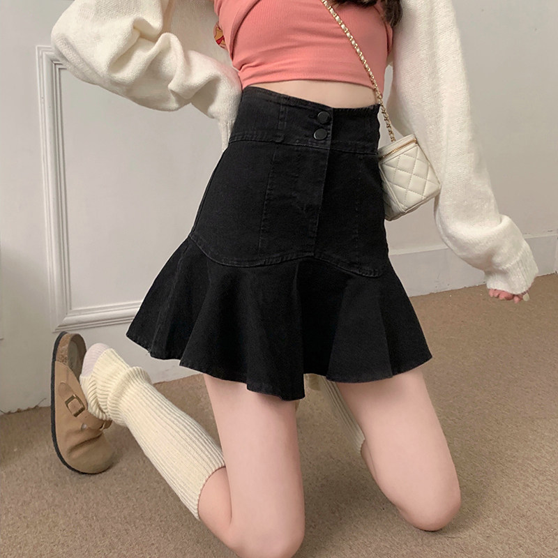 辣妹荷叶边黑色牛仔半身裙女春夏小个子新款高腰显瘦a字短裙裤潮