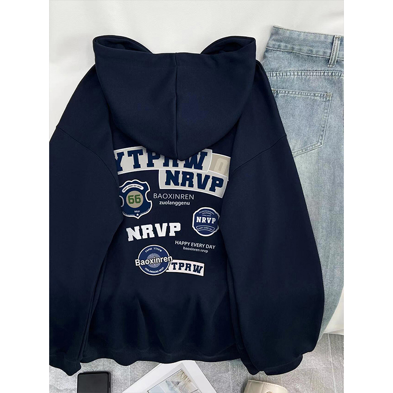 美式复古藏青色连帽开衫卫衣秋冬