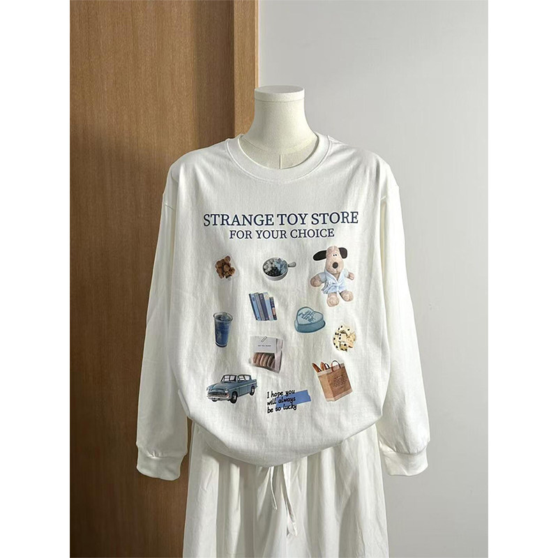 韩系复古卡通印花纯棉长袖t恤女春秋2024新款内搭冬季宽松打底衫,女装/女士精品,大码内搭,淘宝优惠券,粉丝福利购,淘宝优惠卷