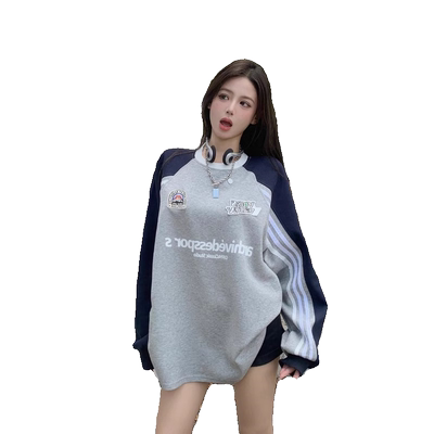 撞色条纹字母刺绣长袖卫衣女上衣