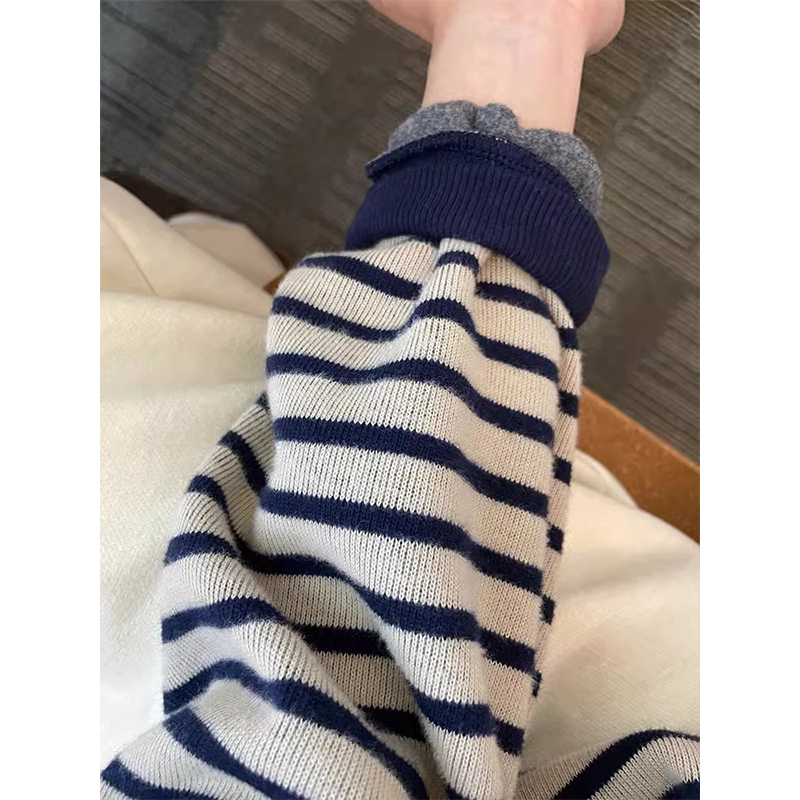 复古慵懒条纹加绒卫衣女春秋冬